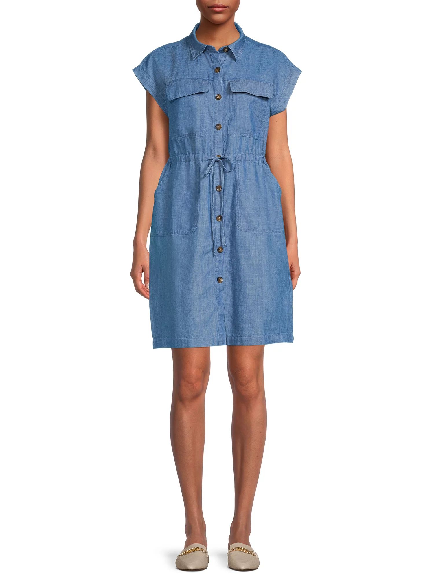 Time and Tru Women's Short Sleeve Woven Knee Length Cinch Waist Shirt Dress - Walmart.com | Walmart (US)