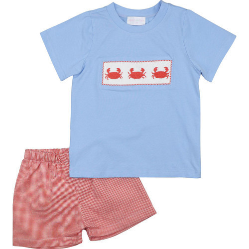 Orange And Blue Gingham Smocked Crabs Short Set | Cecil and Lou