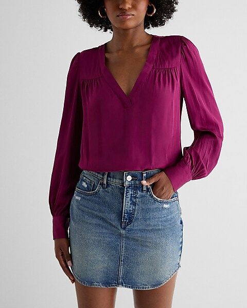 Satin V-Neck Cuff Sleeve Top | Express