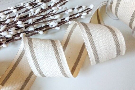 natural and cream ticking stripe cotton ribbon By The Yard | Etsy (US)