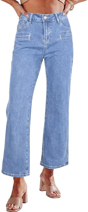 Astylish Women's Trendy Straight Leg Stretchy Jeans Mid High Waisted Cropped Jeans Wide Leg Denim... | Amazon (US)