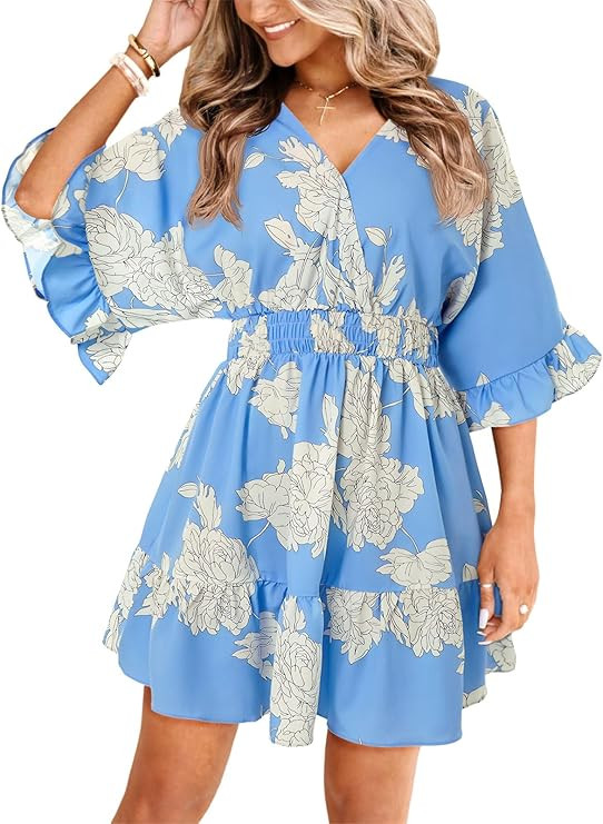 Aoysky Womens V Neck Casual Dresses Summer Loose High Waist Ruffle Pleated Cute Mini Short Dress | Amazon (US)