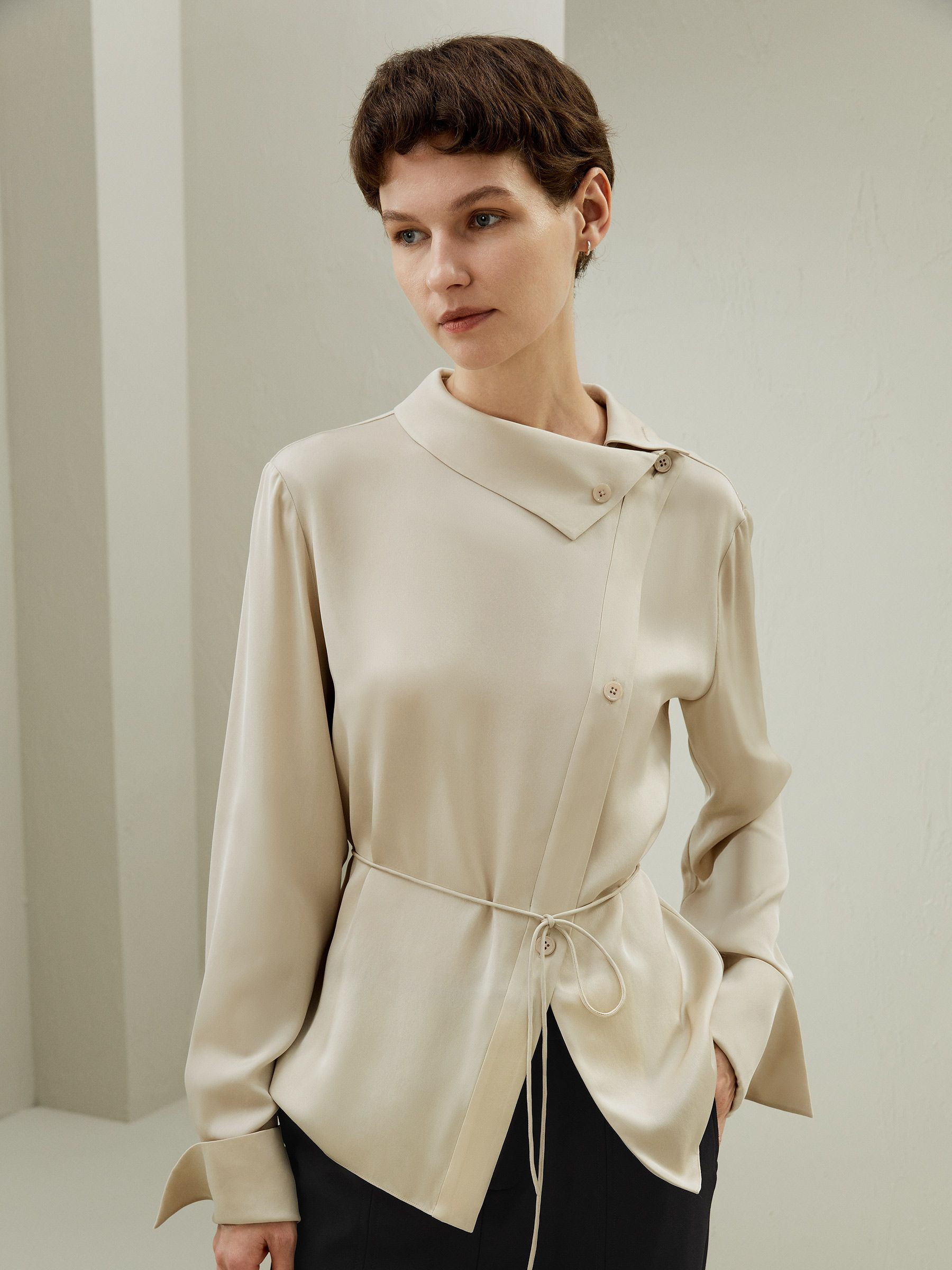 Asymmetrical Shirt with Waist Tie | LilySilk