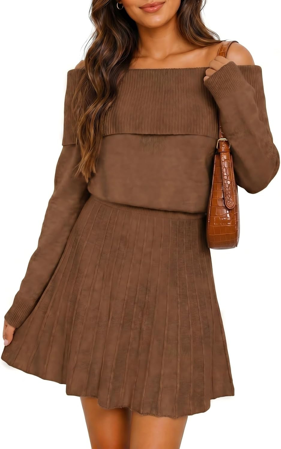 Wenrine Womens Off The Shoulder Sweater Dress Knit Pleated Mini Dresses | Amazon (US)