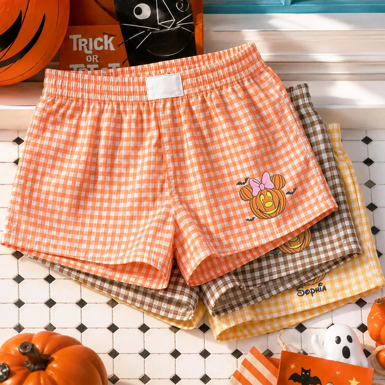 Custom Embroidered Pumpkin Mouse Gingham Shorts, Cute Personalized Halloween Lounge Bottoms, Spooky Fall Apparel, Trick Or Treat Festival | Etsy (Global)