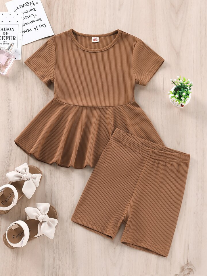 SHEIN Vintaside Kids Young Girl 2pcs/Set Cute Ruffled Hem Short Sleeve T-Shirt And Shorts Summer ... | SHEIN