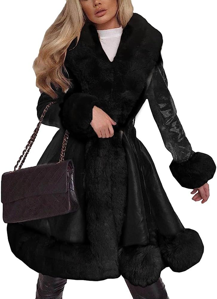 Aurgelmir Women's Faux Leather Jacket Coat Short/Long Parka Coat with Fur Collar Outwear | Amazon (US)