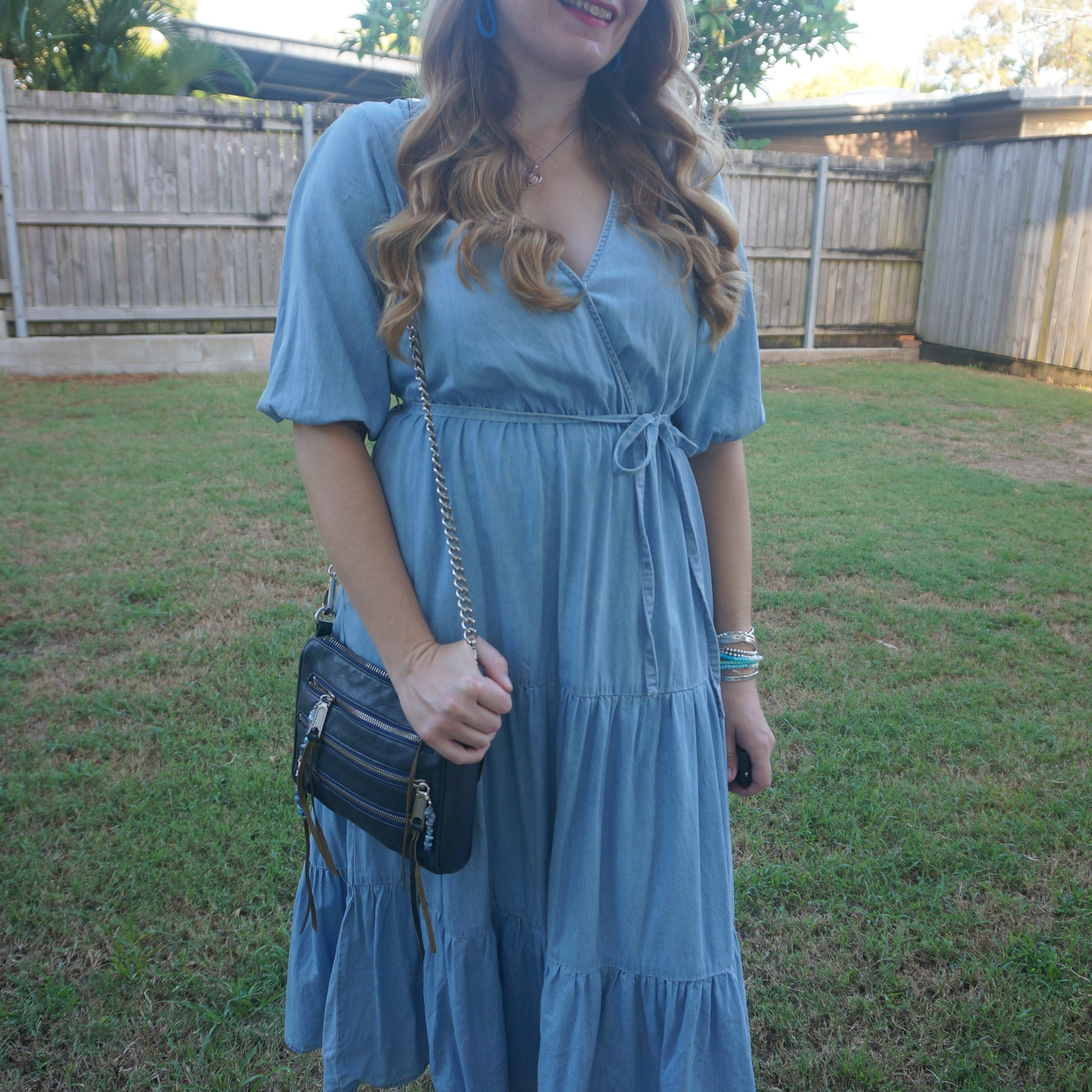 Kmart Anko chambray tiered wrap dress with navy Rebecca Minkoff mini 5-zip bag 💙

#LTKbag #LTKsummer #LTKworkwear