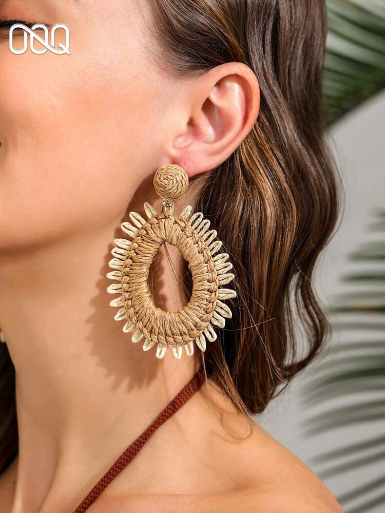 OOQ 1 Pair Minimalist Hollow Geometric Water Drop Raffia Straw Solid Color Earrings, Fresh Summer... | SHEIN