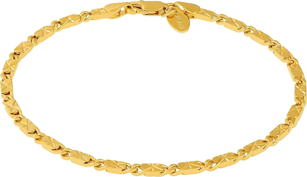LIFETIME JEWELRY 4mm Diamond Cut Star Flat Link Chain Anklet 24k Gold Plated | Amazon (US)