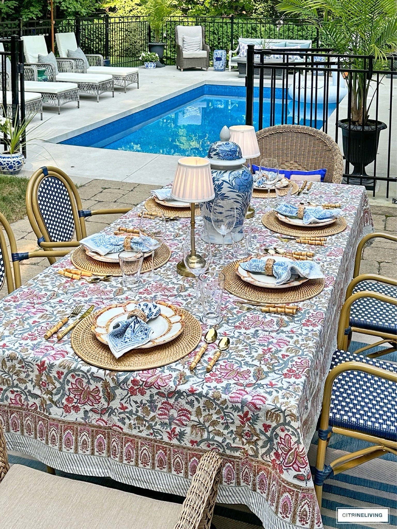 Simple chic outdoor table! Blockprint tablecloth and napkins, bamboo flatware, bamboo plates, rechargeable lamps, ginger jar

#LTKSeasonal #LTKHome