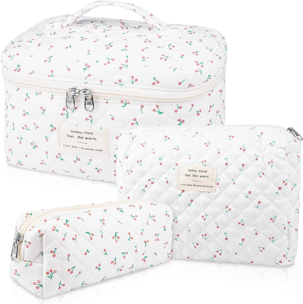 3PC Quilted Makeup Bag, Large Floral Makeup Bags for Women, Cute Cotton Cosmetic Bag Set, Flower ... | Amazon (US)