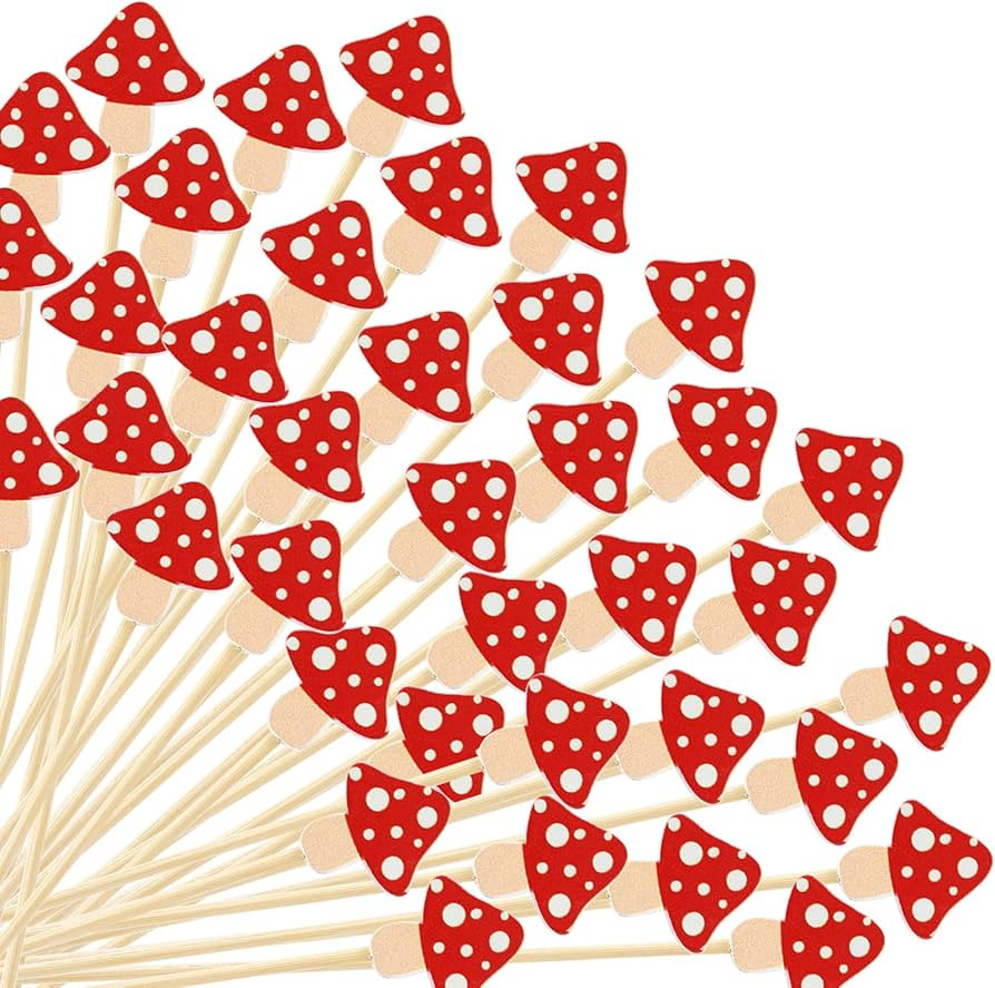 AnyDesign 100Pcs Mushroom Cocktail Picks Red Spotted Mushroom Bamboo Toothpicks Long Cocktail App... | Amazon (US)