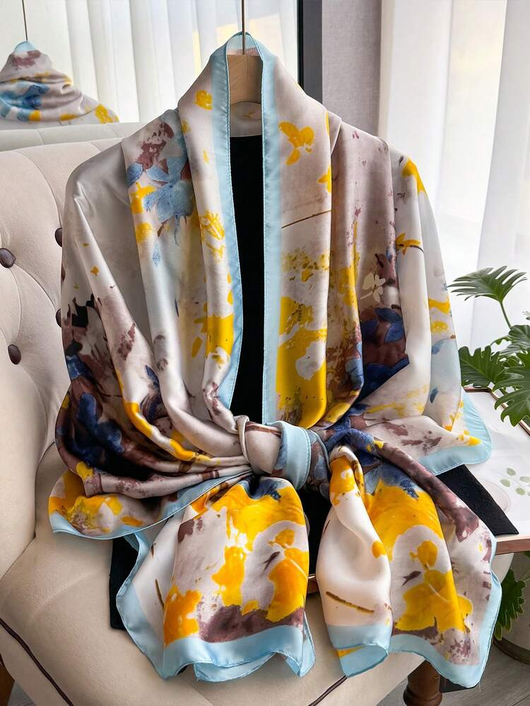 1pc Women Ginkgo Leaf Printed Faux Silk Fashion Floral Scarf, Versatile Wrap Shawl For Everyday Wear & Travel, Spring & Autumn | SHEIN