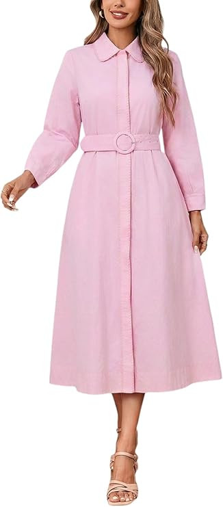 YEXPINE Womens Cotton Belted Shirt Dress Long Sleeve Button Down Midi Dress Elegant Casual A Line... | Amazon (US)
