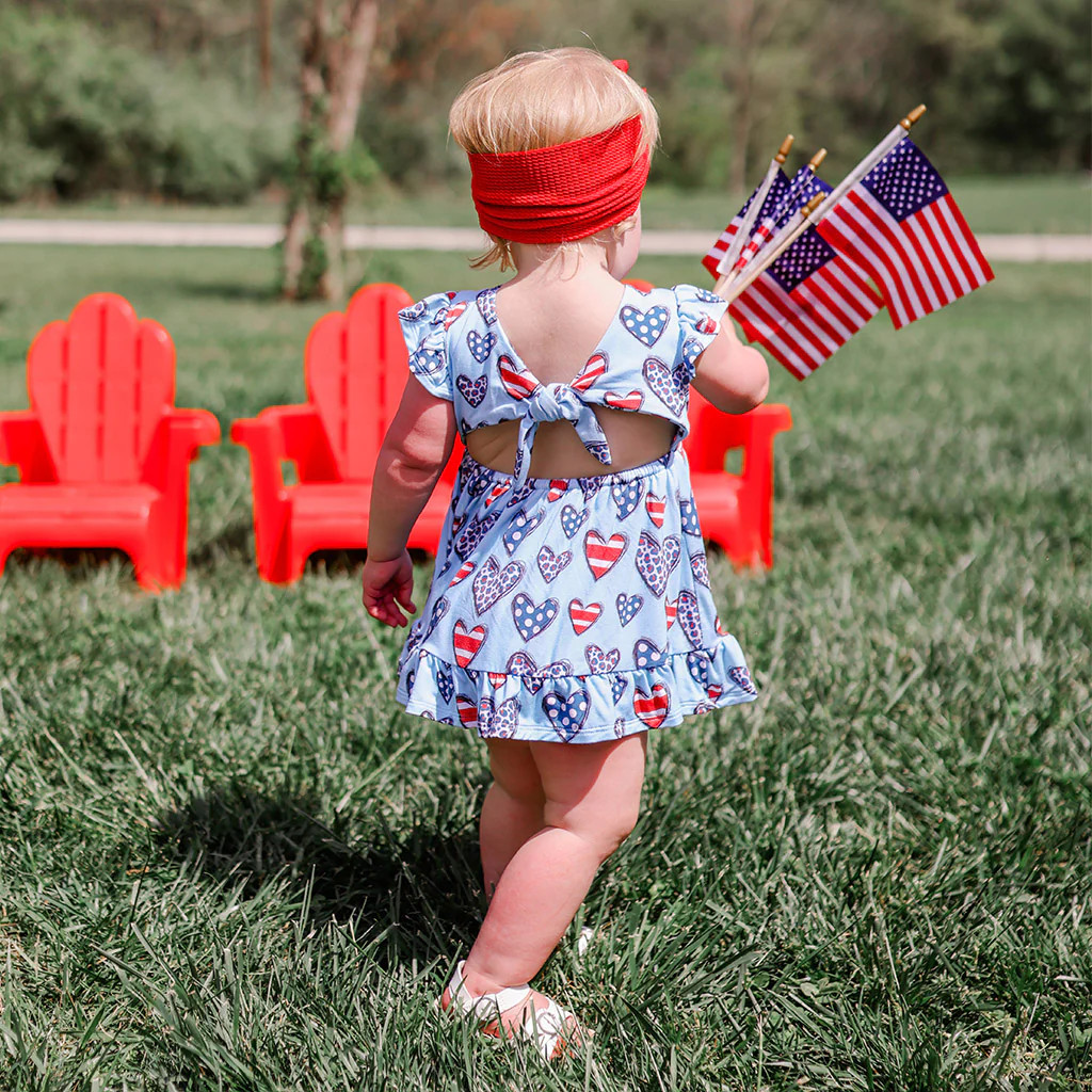 Hearts Blue Ruffled Baby Bodysuit Dress | Becky | Posh Peanut