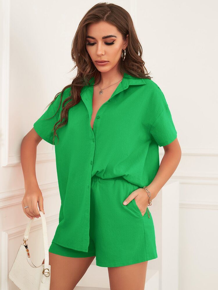 Single Breasted Blouse And Shorts Set | SHEIN