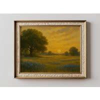 Bluebonnet Original Oil Painting Print Meadow Sunset Moody Landscape Print, Rustic Oak Tree Field Wall Art, Warm Golden Nature Poster | Etsy (US)