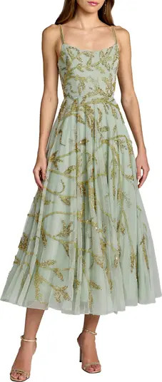 Mac Duggal Spaghetti Strap Floral Hand Beaded Midi Dress | Nordstrom | Nordstrom