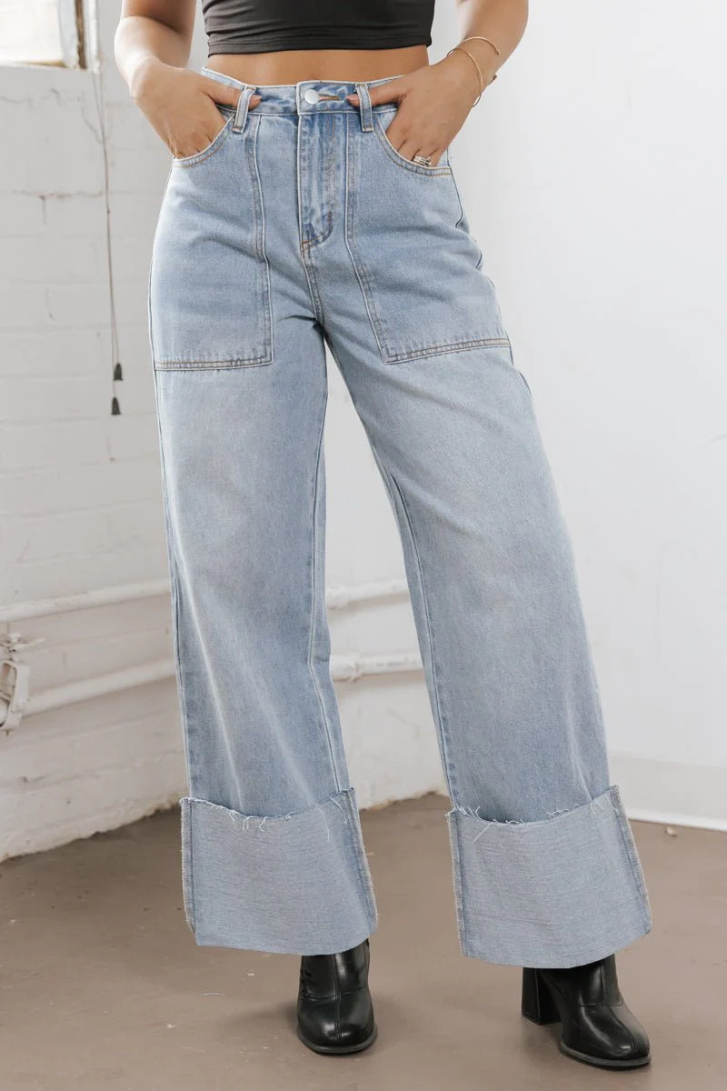 Light Denim Wide Leg Cuffed Jeans | Magnolia Boutique