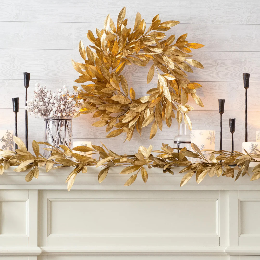 Antiqued Gold Bay Leaf Christmas Holiday Front Door Wreath | Darby Creek Trading