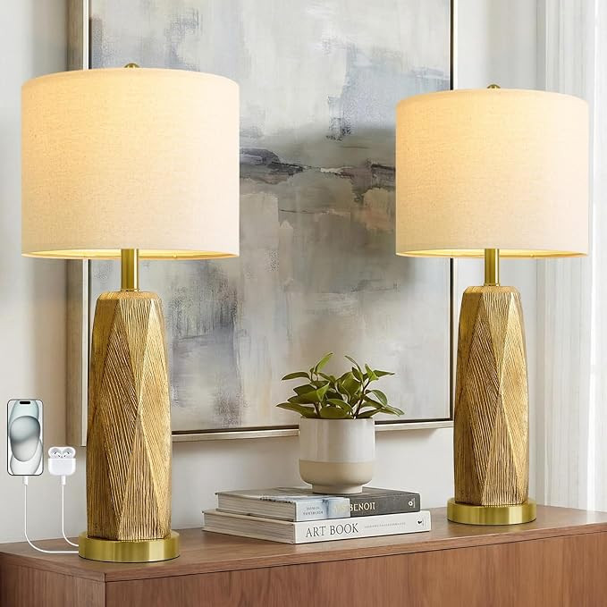 BOBOMOMO 27.5" Gold Table Lamps Set of 2 with USB-A & USB-C Charging Ports, Textured Resin Bedsid... | Amazon (US)