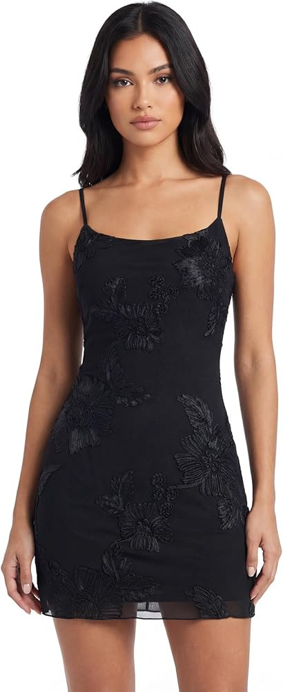 Lingswallow Women's Floral Embroidered Mesh Bodycon Dress Spaghetti Strap Mini Dress for Summer C... | Amazon (US)