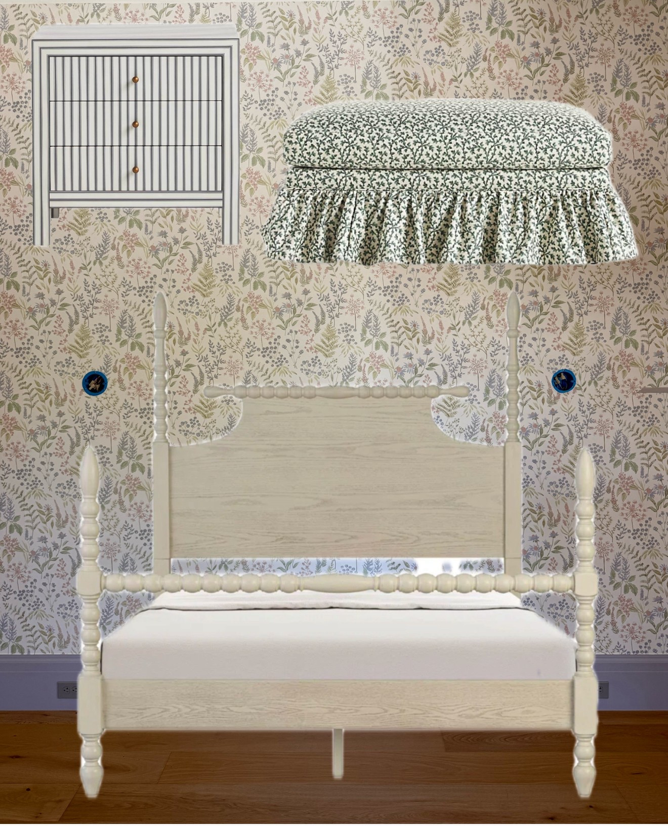 Girly bedroom design with a wood four post bed- 3 color options. 
Ruffle rolling ottoman
Striped nightstand with 3 drawers 

#LTKSaleAlert #LTKHome