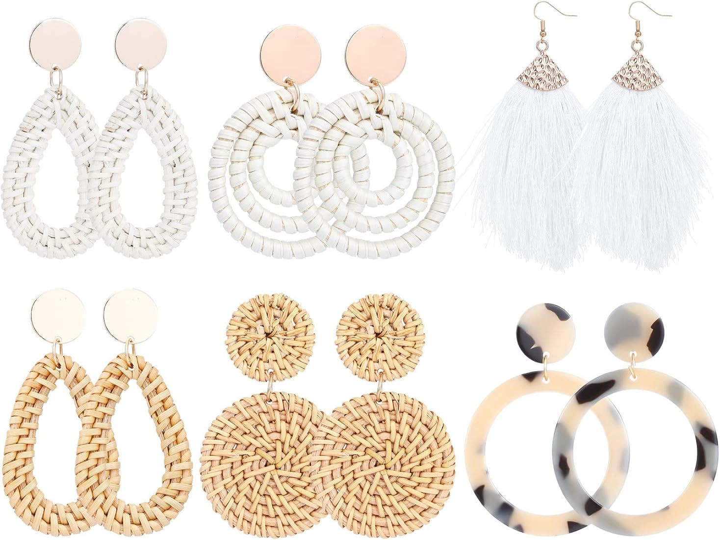 6 Pairs Rattan Earrings Straw Earrings Tassel Woven Bohemian Earring Handmade Wicker Braid Hoop D... | Amazon (US)