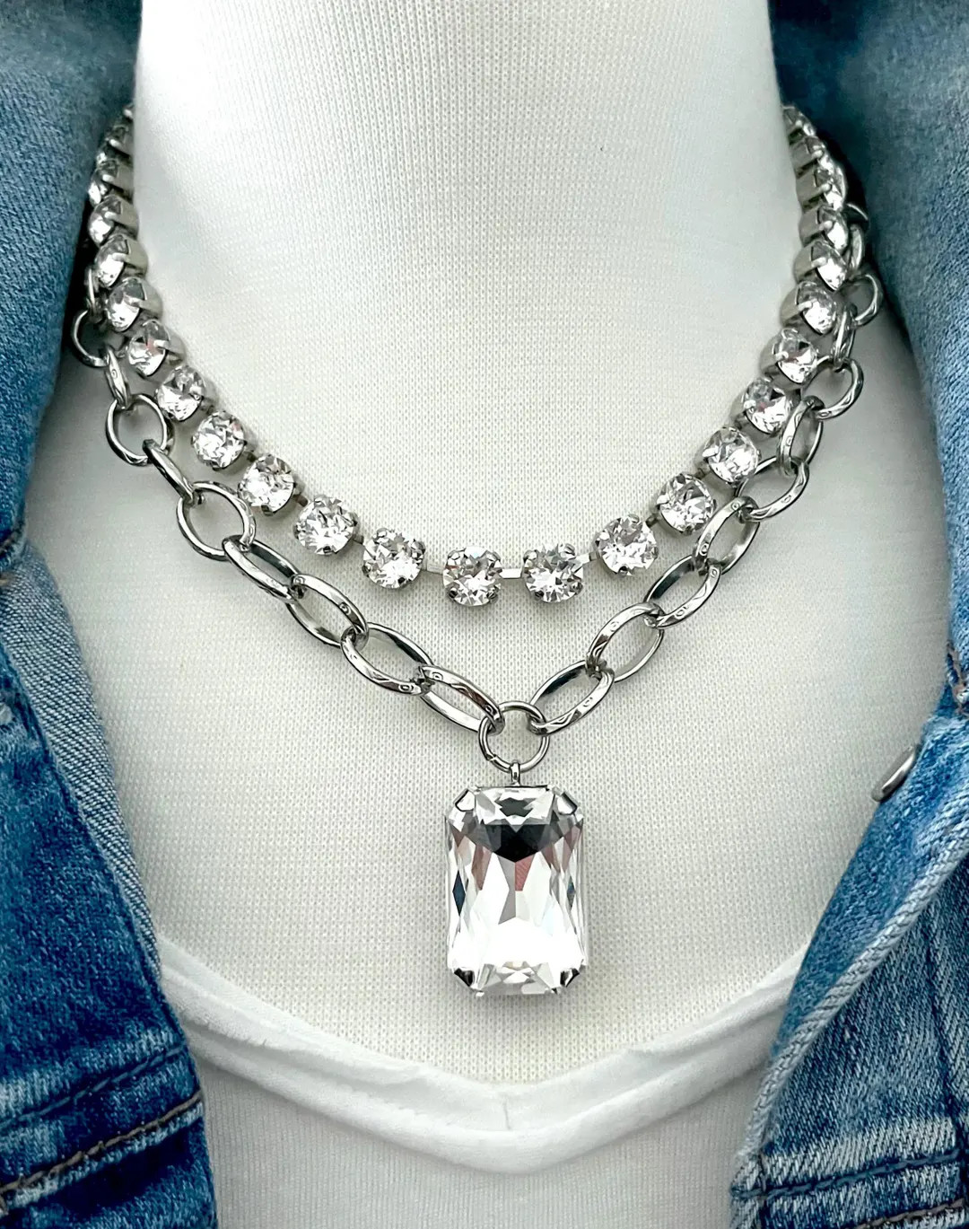 Haute Couture • 8mm Genuine Austrian Crystal Necklace Layered With a 27mm Isabella Pendant in C... | Etsy (US)