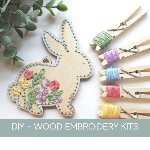 Embroidered bunny, wood embroidery kit for beginners, Easter diy tiered tray decor, Easter basket... | Etsy (US)