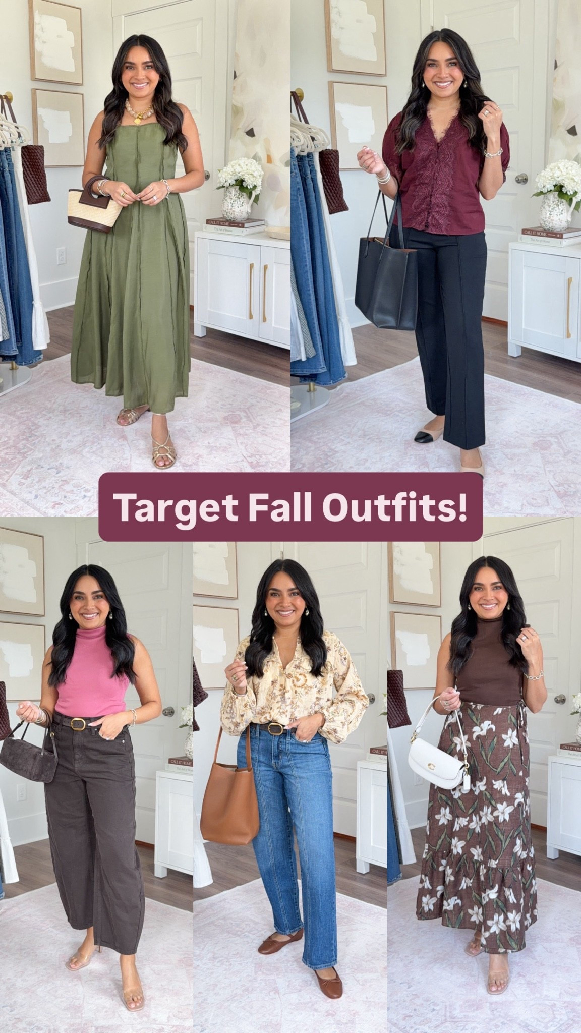 Target Fall Outfits!
#ad #sponsored @Target

Olive green dress size xs TTS 
Gold sandals size 5 

Burgundy lace top size xs TTS 
Black pants size xs regular TTS 
Cap toe flats - old, similar linked

Pink top size xs TTS 
Brown barrel jeans size 2 short TTS Clear heels size 5 TTS

Yellow floral top size xs TTS 
Mid rise boyfriend jeans in medium wash size 2 short - runs a little big in the waist 
Rose pink flats size 5 TTS 

Brown top size xs TTS 
Brown floral skirt size xs TTS 
Clear heels size 5 TTS 



Fall outfits women Date night Business casual Fall family photos Petite style

#LTKgrwm #LTKPetite #LTKgrwm #LTKootd
