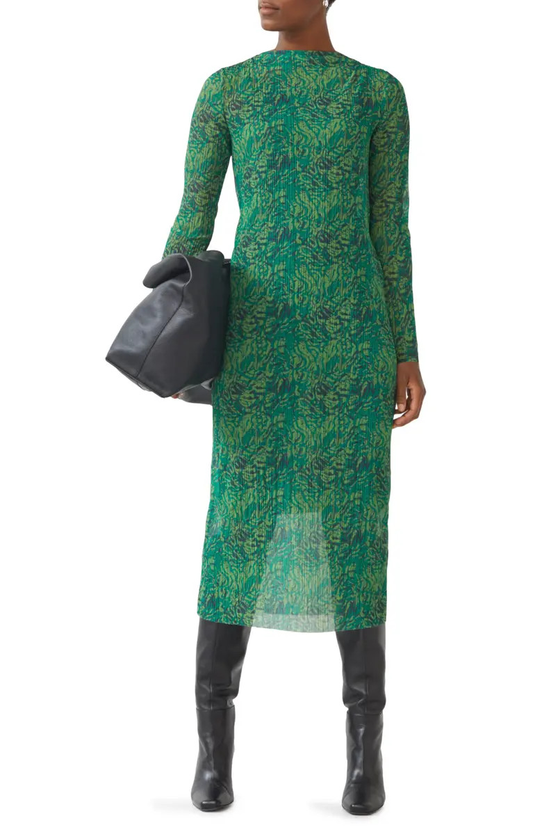 & Other Stories Pleated Long Sleeve Mesh Midi Dress | Nordstrom | Nordstrom