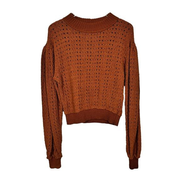 Free People Burnt Orange Chunky Knit Pullover Sweater Medium Puff Sleeve Cropped | Poshmark