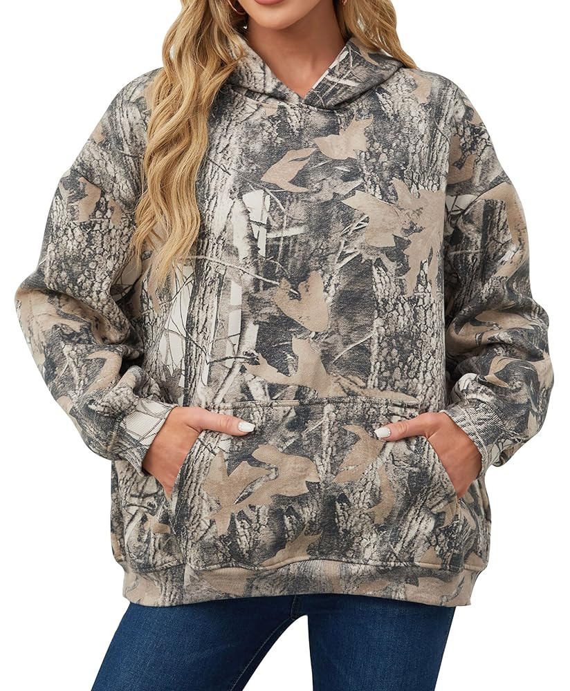 Womens Camo Hoodies Maple Leaf Print Oversized Hooded Sweatshirt Fleece Pullover Sweatshirts Long... | Amazon (US)