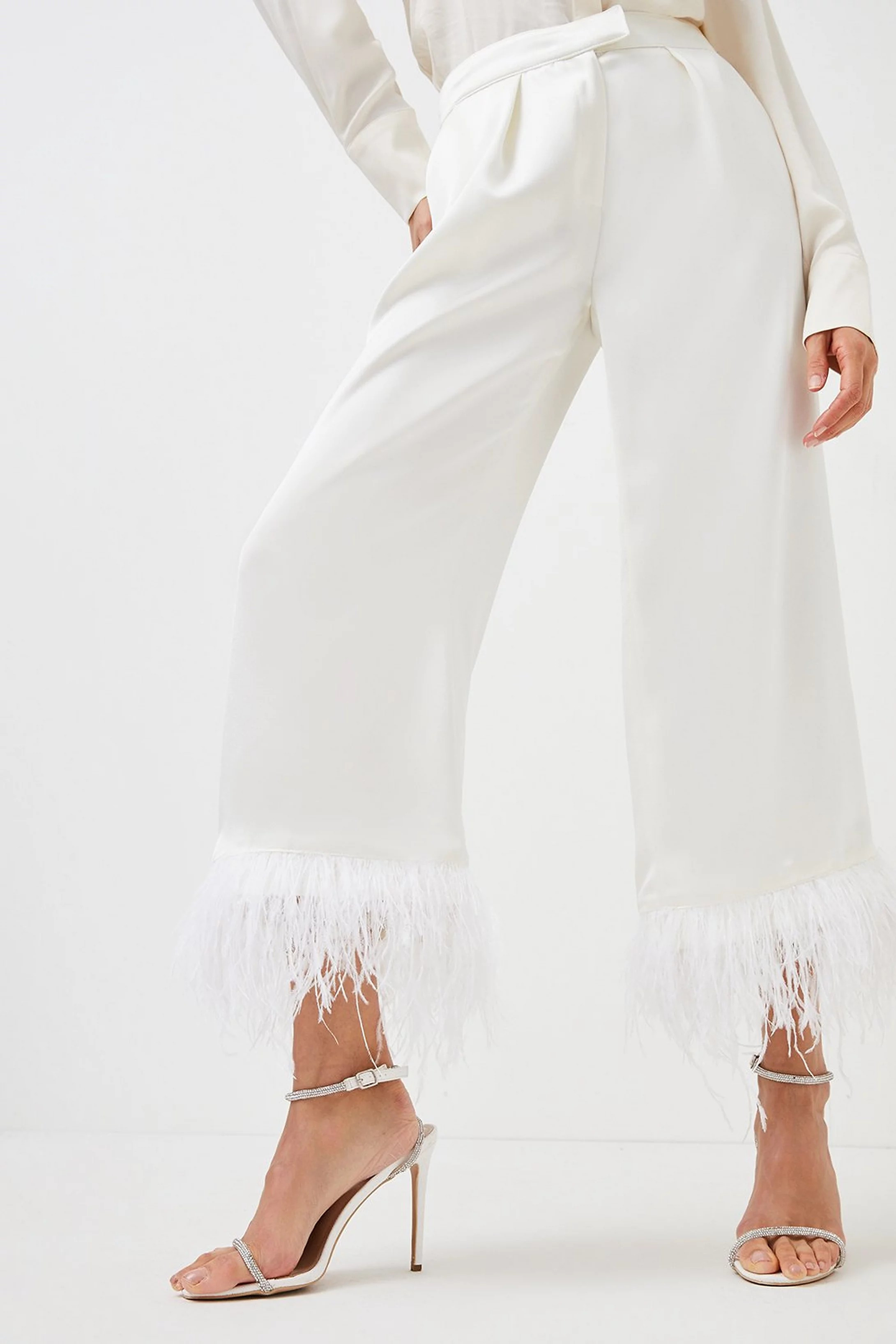 Satin Crepe Feather Trim Trousers | Karen Millen UK & IE
