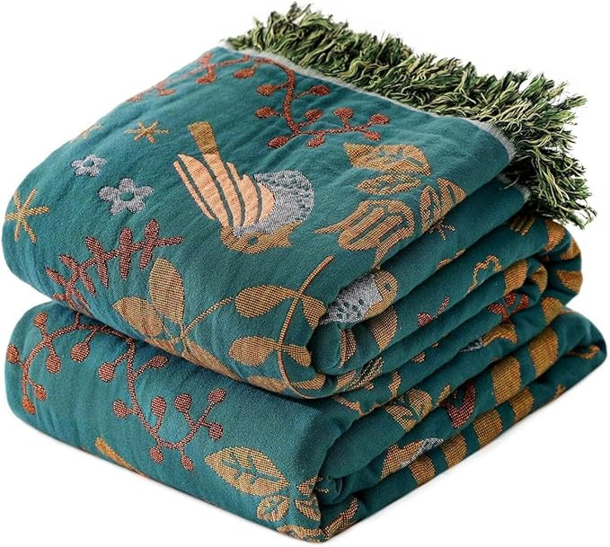 Boho Throw Blanket for Bed 100% Cotton Ultra Soft Rustic Quilt Fall Blanket Bird Floral Printed F... | Amazon (US)
