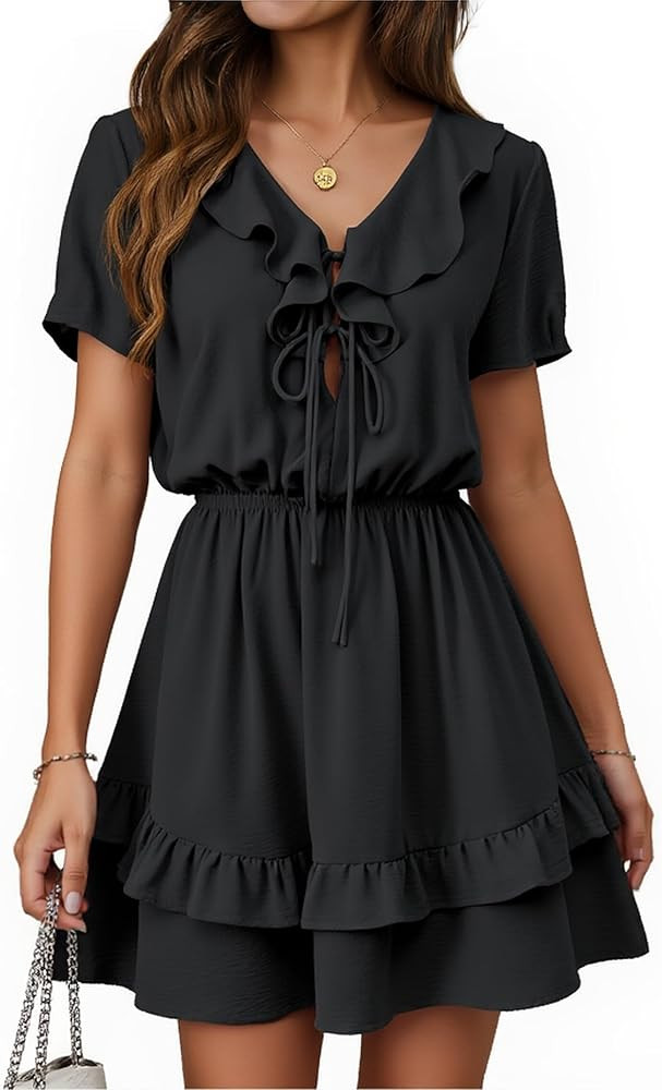 Angashion Womens Tie Front Mini Dress: V Neck Long Sleeve Layer Ruffle Hem Dress with Pockets | Amazon (US)