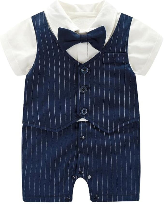 Fairy Baby Summer Baby Boy Gentleman Outfit Formal Short Sleeve Bowtie Tuxedo Dress Suit | Amazon (US)