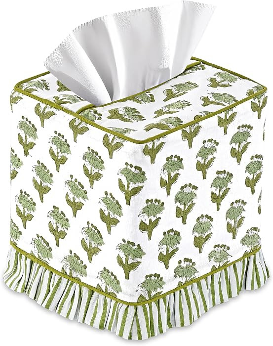 CPC Emerald Green Hand Block Print Cotton Ruffle Tissue Box Cover 4.5"x4.5"x5"Inch, Square Decora... | Amazon (US)