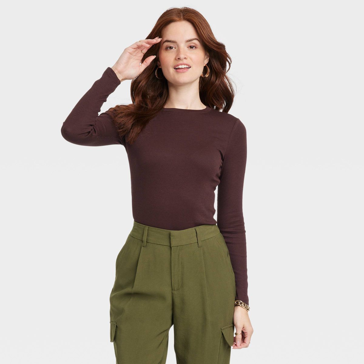 Women's Long Sleeve Slim Fit Crewneck T-Shirt - A New Day™ Orange M | Target
