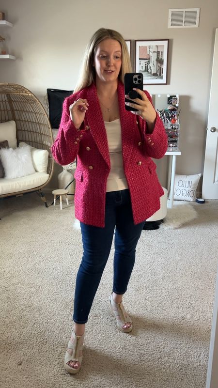 Pink blazer (and matching shorts) are 15% off with code SUNNY15! ☀️ Casual work outfit with dark jeans and espadrille wedge sandals, super cute spring outfit and summer outfit for brunch, girls day or even date night outfit ideas.

#LTKVideo #LTKworkwear #LTKfindsunder100