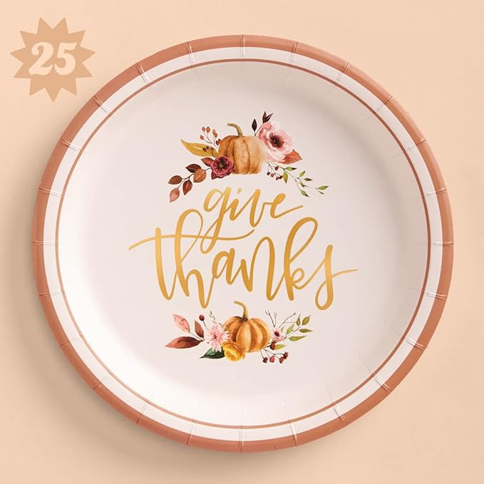 xo, Fetti Thanksgiving Gold Foil Plates - 25 count | Give Thanks Decorations, 9" Dinner Plate, Au... | Amazon (US)
