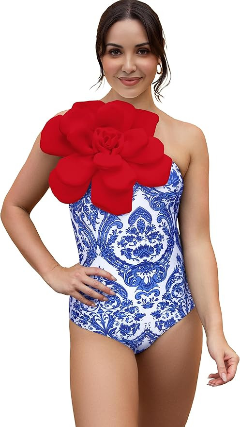 SPORLIKE Women One Piece Swimsuit 3D Flower One Shoulder Bathing Suit Padded Monokini | Amazon (US)