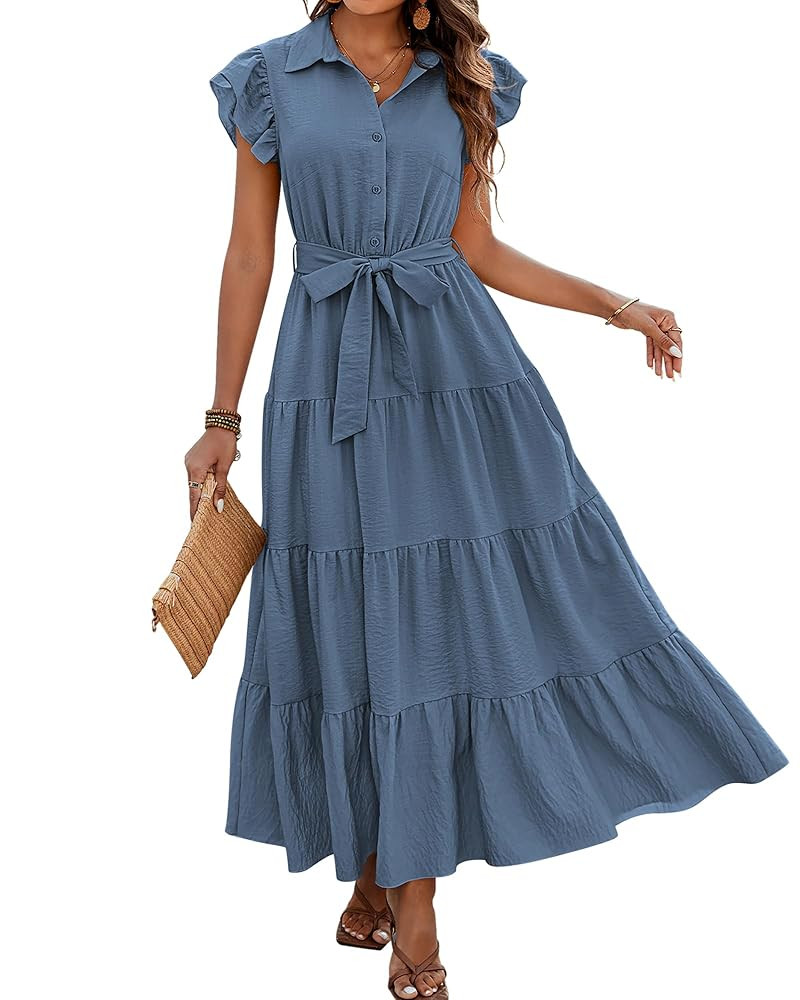 dowerme Women's Summer Casual Dresses 2025 Cap Ruffle Sleeve V Neck Button Belted Tiered Boho Max... | Amazon (US)