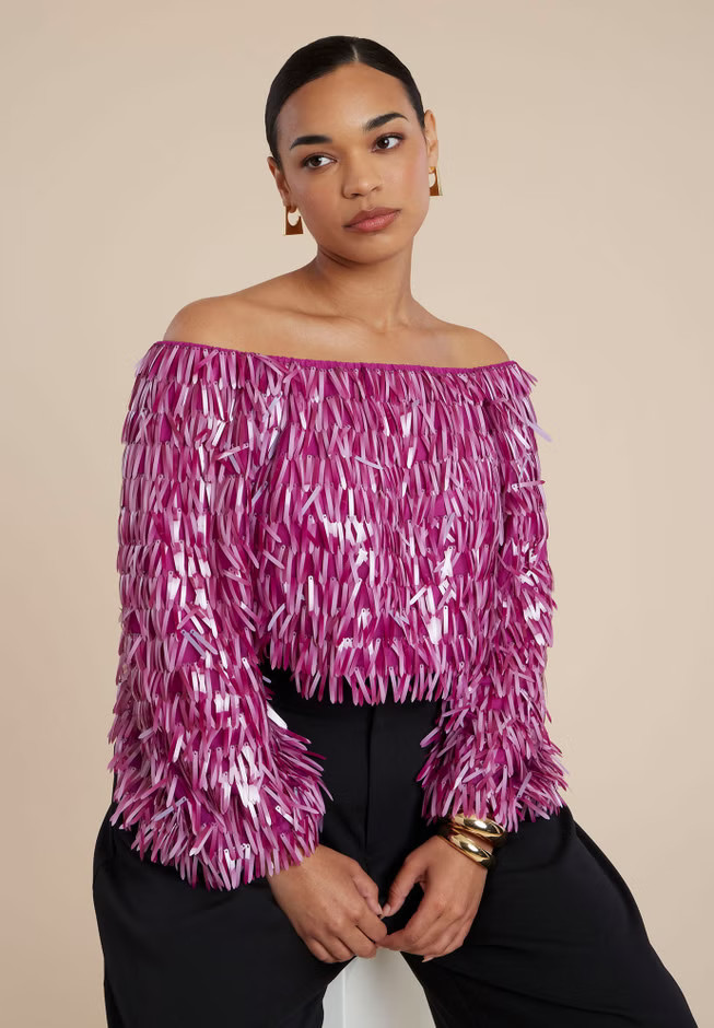 Fringe Sequin Off The Shoulder Top | Eloquii