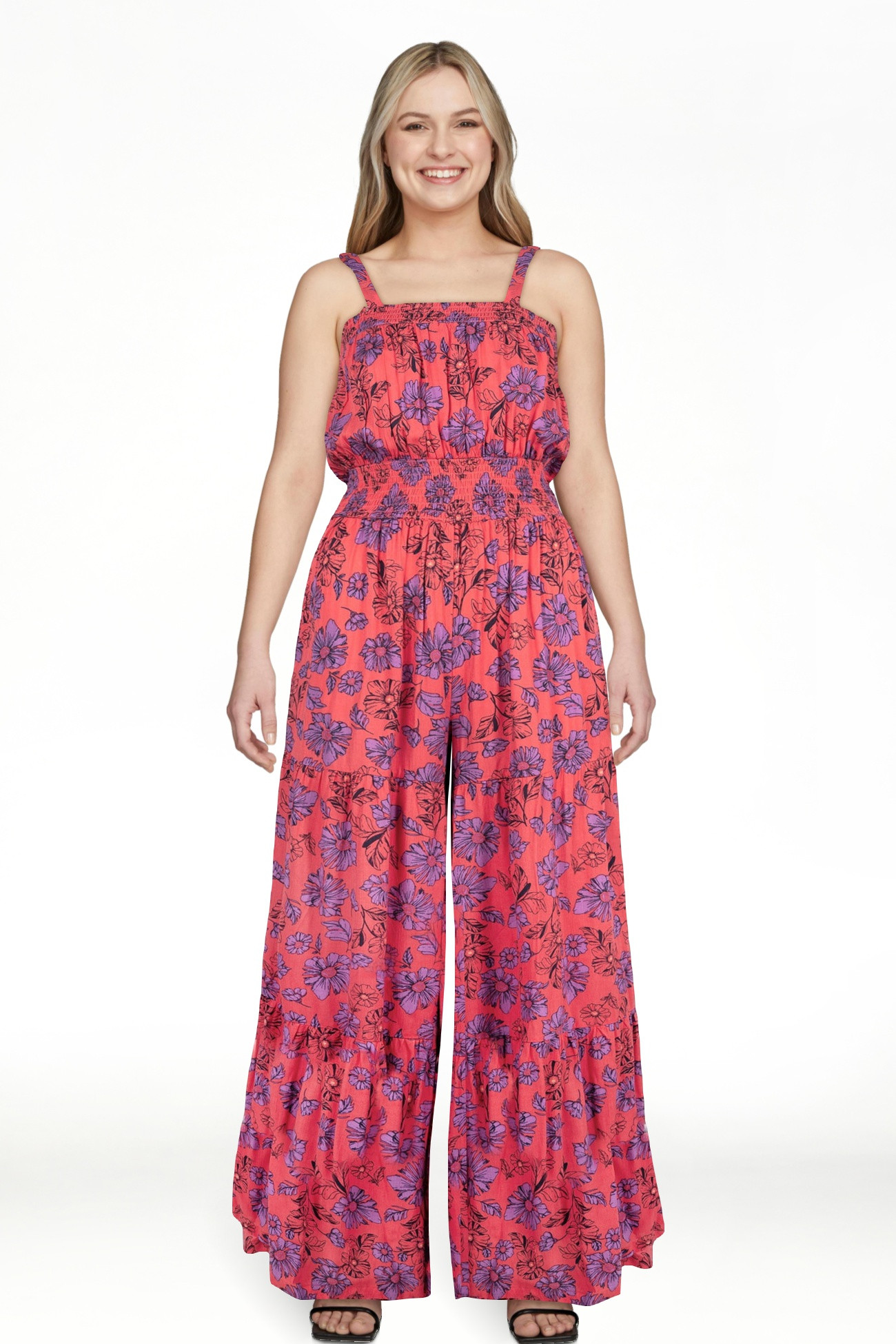 Jessica Simpson Women's Delene Smocked Wide Leg Jumpsuit, 30.5" Inseam, Sizes XS-XL | Walmart (US)