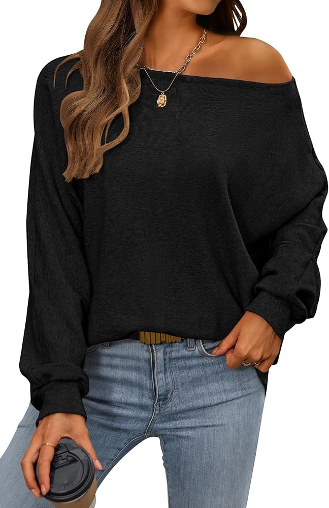 CFLONGE Fall Sweaters for Women 2025 Casual Pullover Off The Shoulder Sweater Batwing Long Sleeve... | Amazon (US)