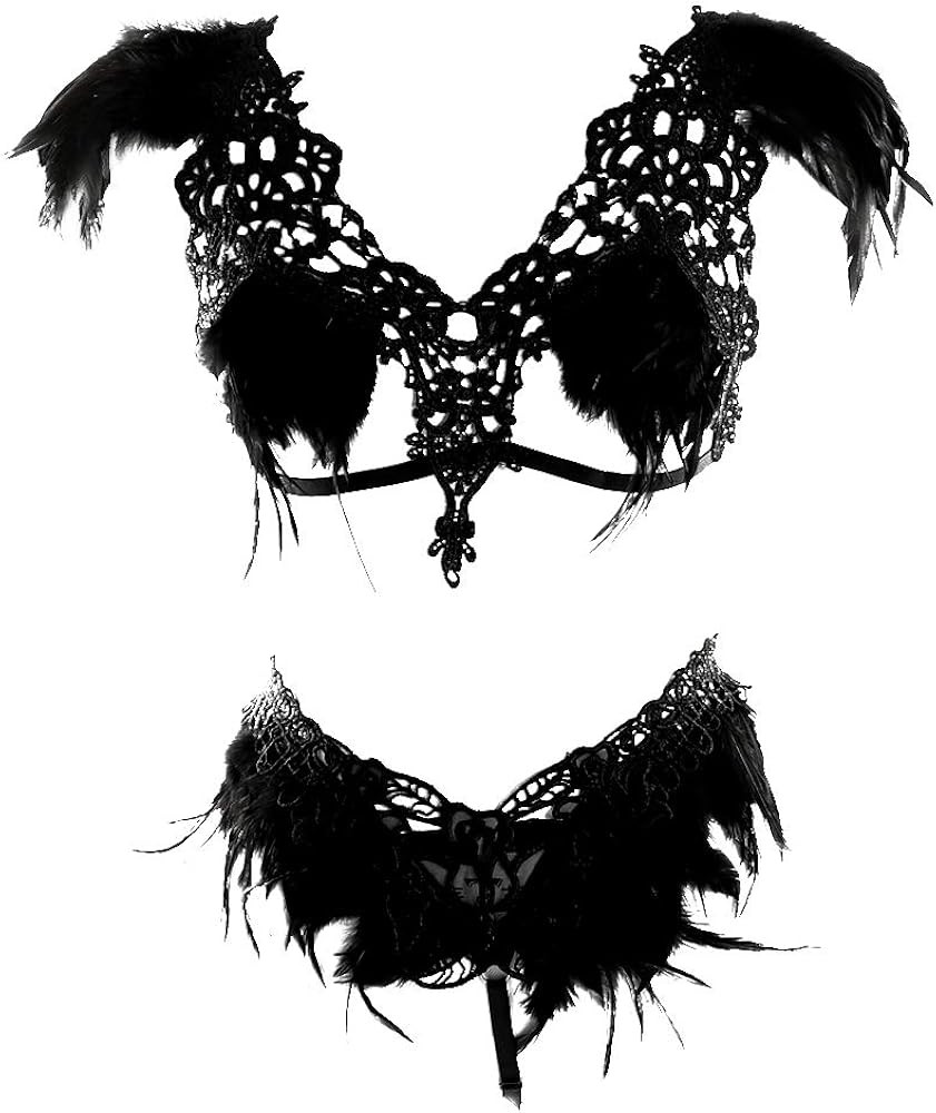 Womens Feathers Body Harness Lingerie Full Strappy Cage Garter Belt Set Elastic Hollow Top Bra Pu... | Amazon (US)