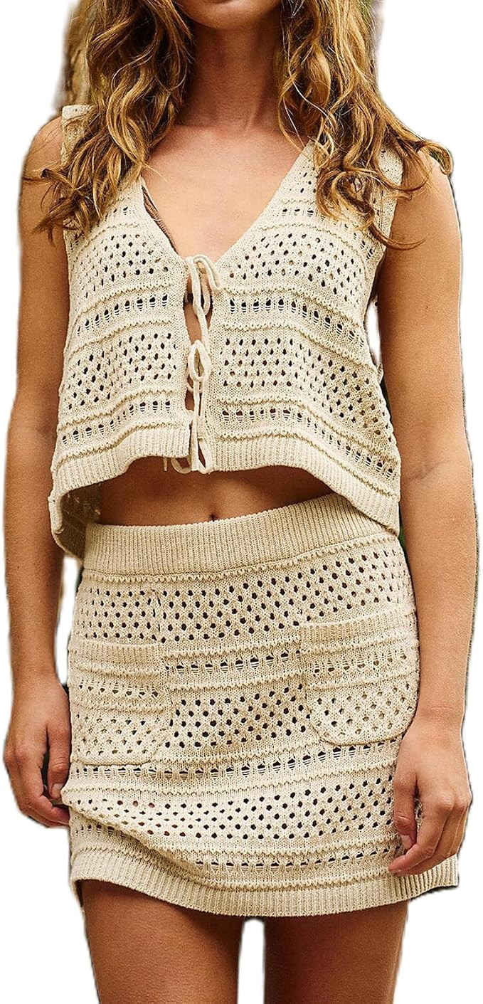Yuemengxuan Crochet Skirt Sets Women 2 Piece Outfits Y2k Knit Tie Front Vest Top High Waist Bodyc... | Amazon (US)